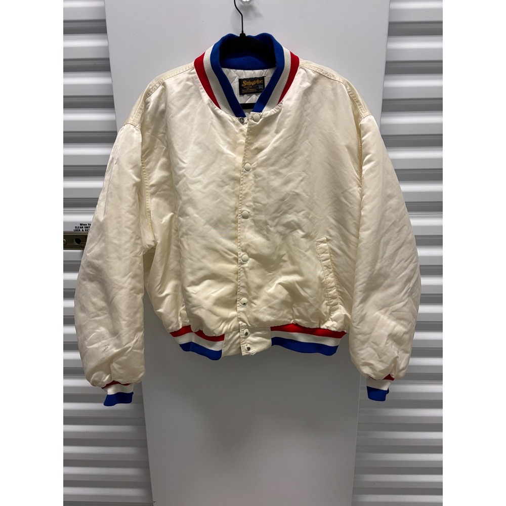 70s Vintage Swingster USA Bomber Jacket Mens XXL Cream Patriotic Red Blue Good
